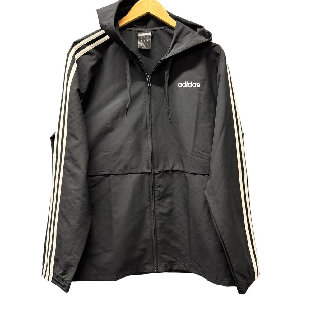 adidas Essential Windbreaker Mens‎ Large Hooded Black White 3 Stripe Jacket